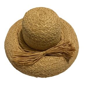 Madcaps Paris New York Straw Sun Hat Tan Woven Raffia Bow Vintage Style Summer